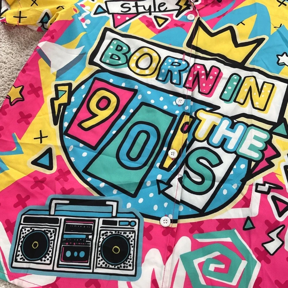 Born in the 90s Retro Graphic Shirt Mens Medium 80s Style Boombox Pink Multi MED